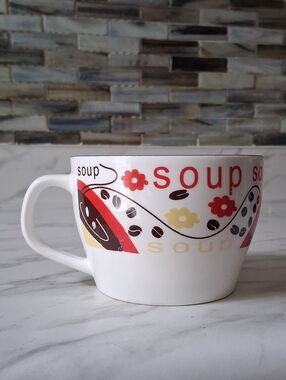 White Ceramic Soup Mug with Red and Yellow Floral Accent